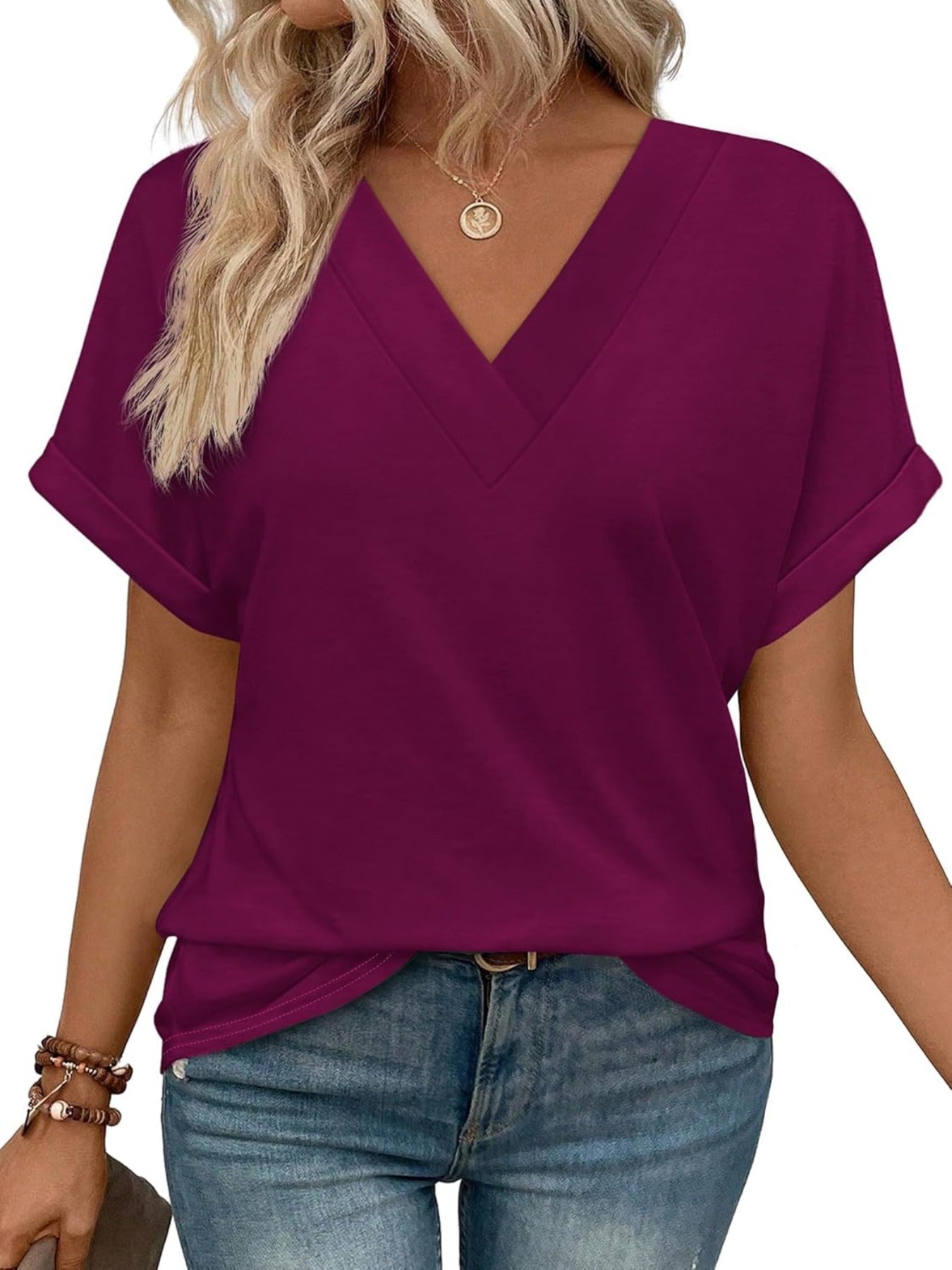 Solid Color V Neck Short Dolman Sleeve Shirts