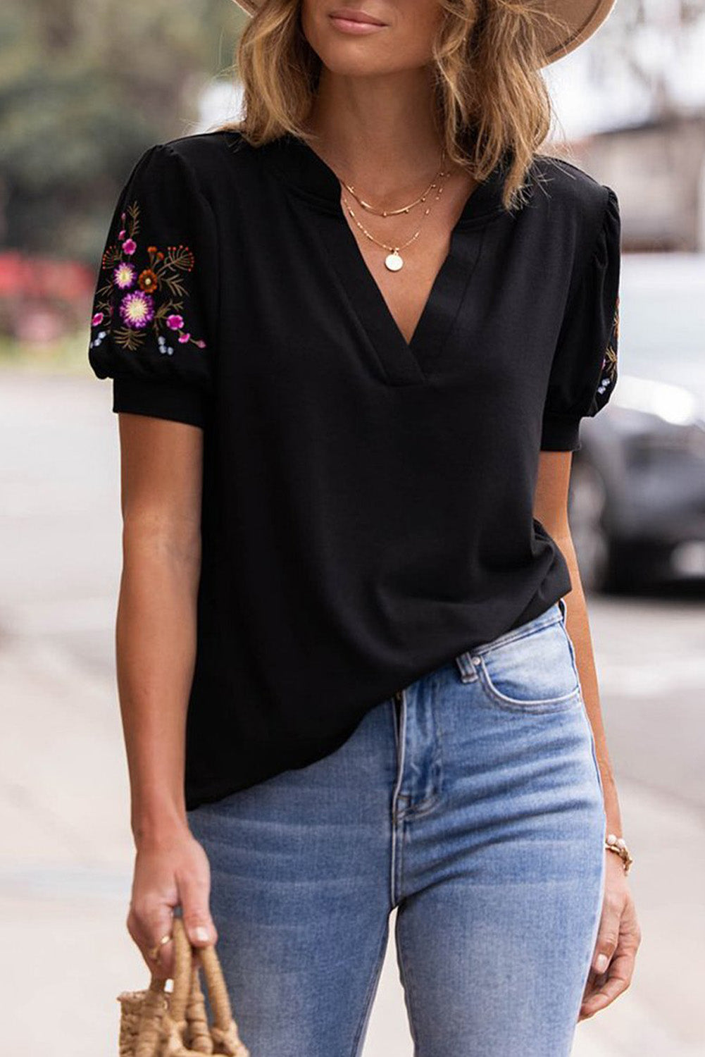 Black Floral Embroidered Sleeve Notch Neck Top