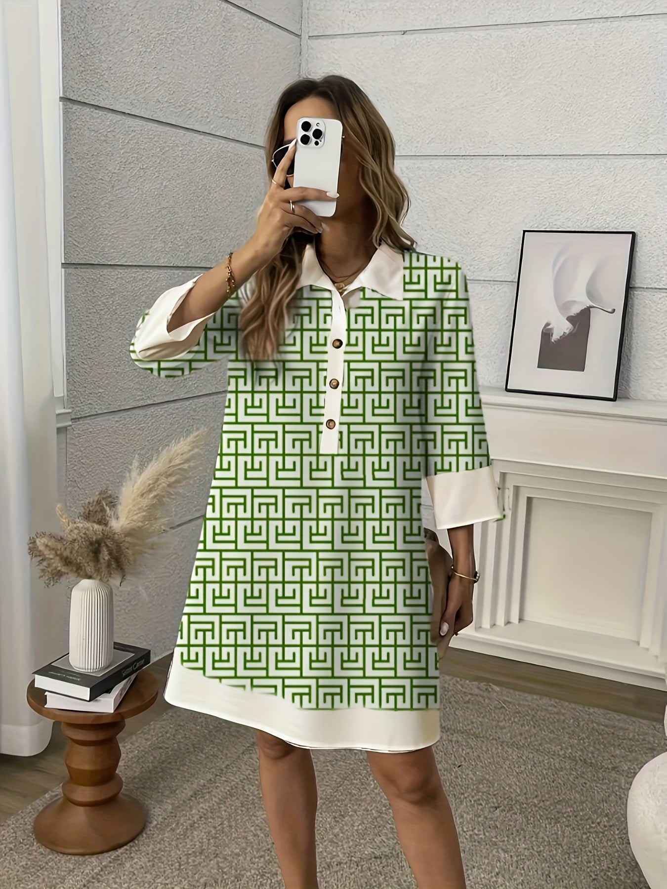 Long Sleeves and Pockets Loose Fit Floral Print Shirt Dress with Button Front