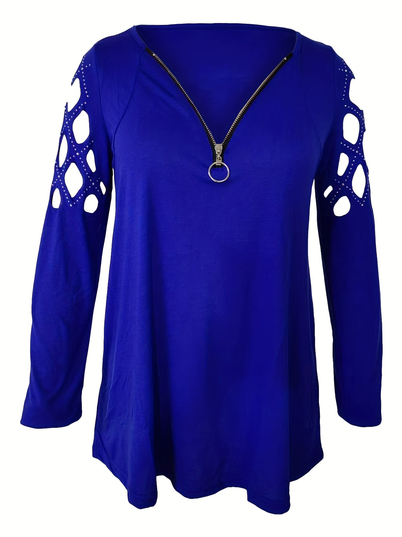 Cutout Zipper Front T-Shirt, Casual V Neck Long Sleeve T-Shirt