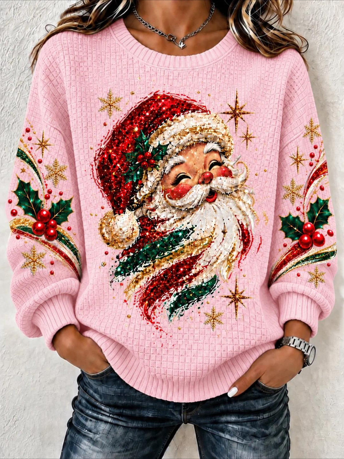 Vintage Santa Claus Print Waffle Knit Christmas Sweatshirt