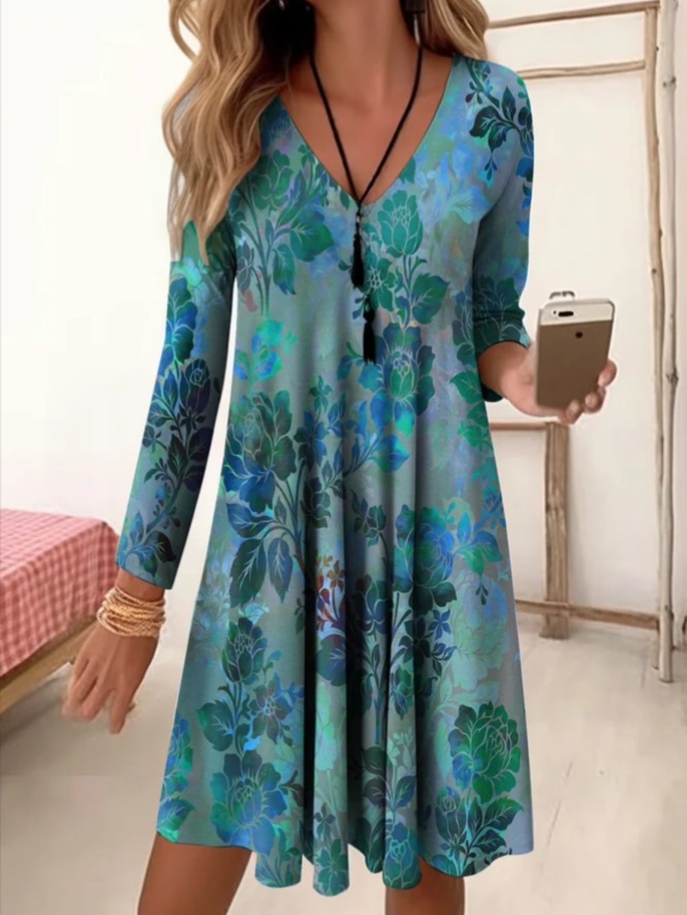 Stylish Knitted Graphic Print Casual A-line Knee Length V Neck Long Sleeve Dresses