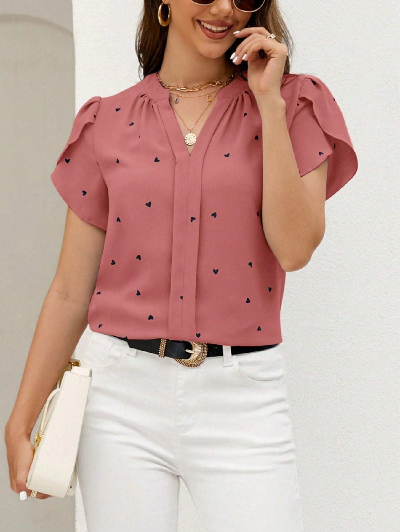 Short Sleeve Shirt With Heart Print And Petal Hem
