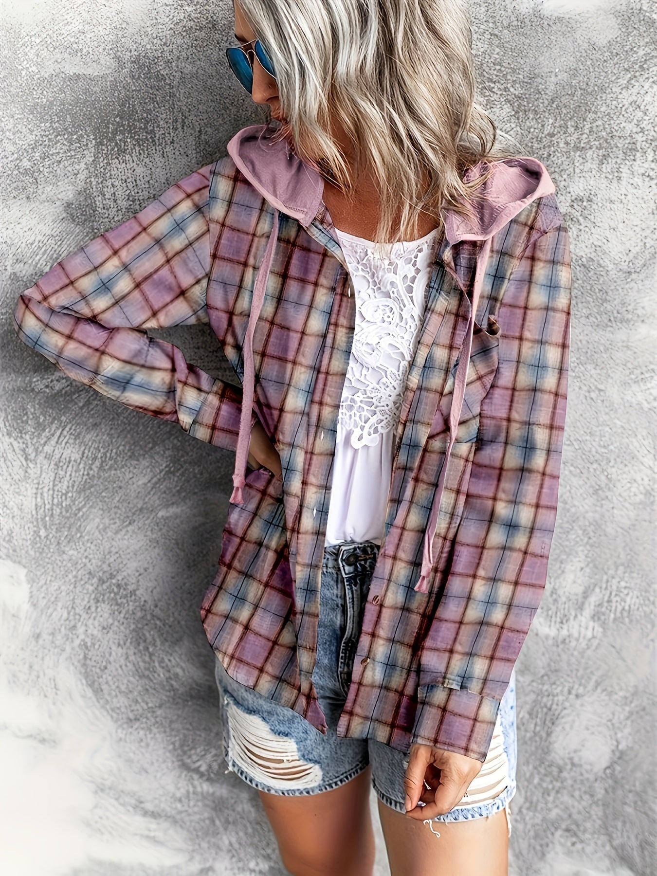 Plaid Print Hooded Shirt, Casual Long Sleeve Drawstring Shirt