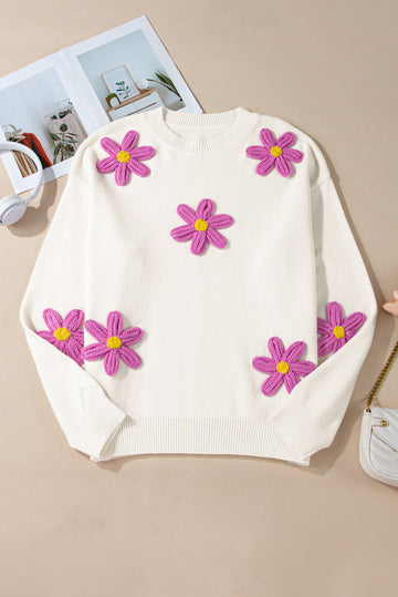 White Plus Size Flower Crochet Drop Shoulder Knit Sweater