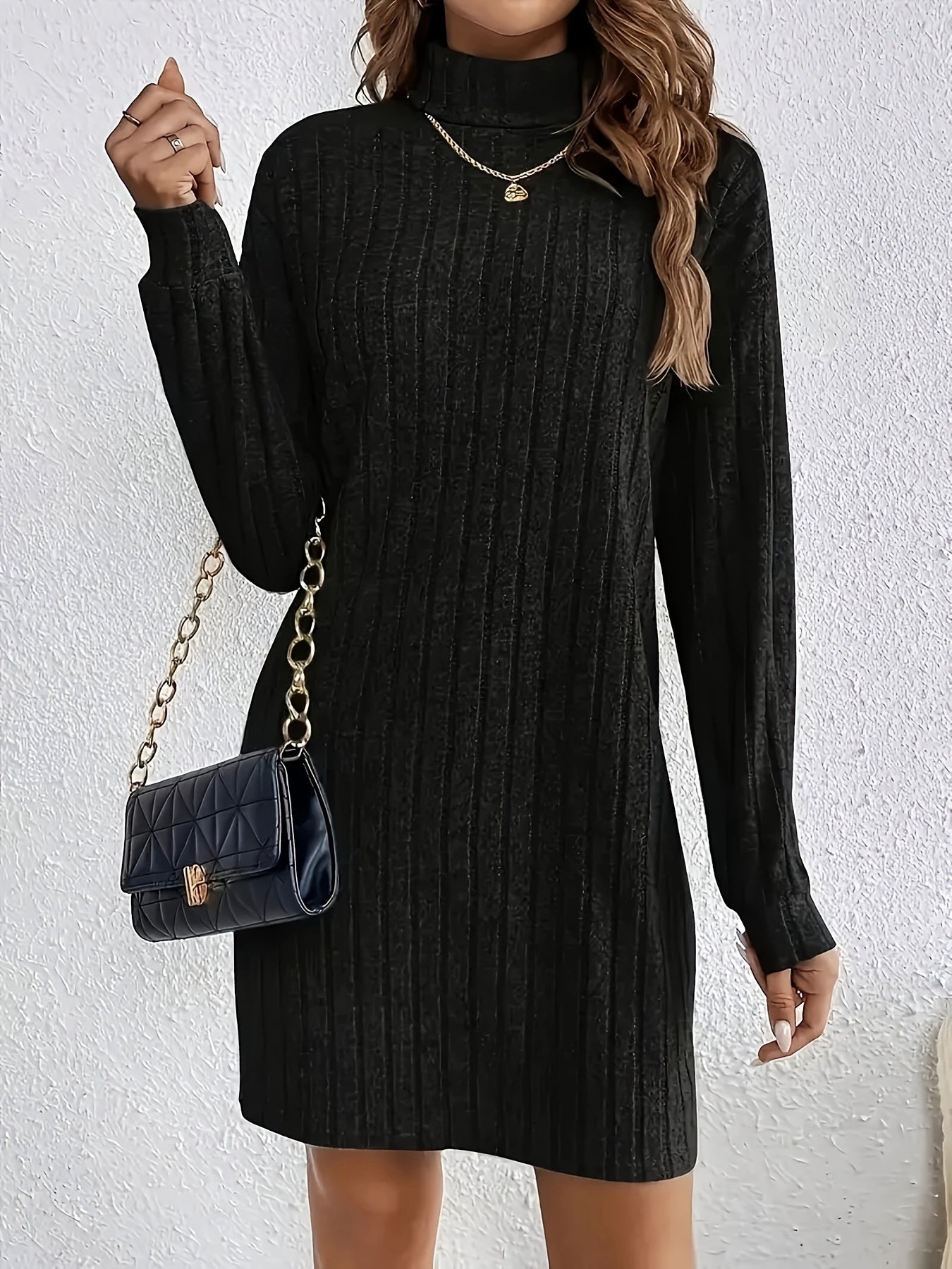 Elegant Turtleneck Knit Dress for Women - Soft, Stretchy Long Sleeve Design