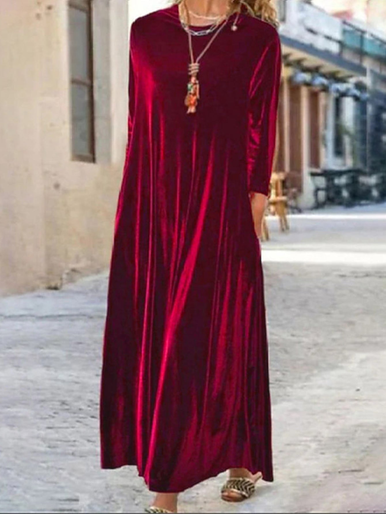 Long Sleeve Vintage Solid Crew Neck Maxi Dress