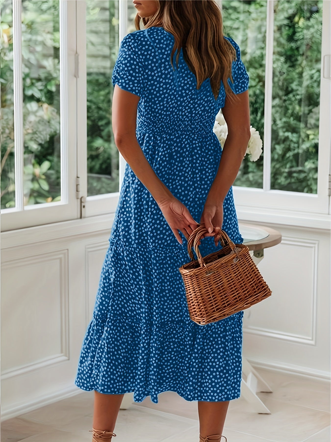 Polka Dot Ruffle Hem Dress, Casual Square Neck Short Sleeve Dress