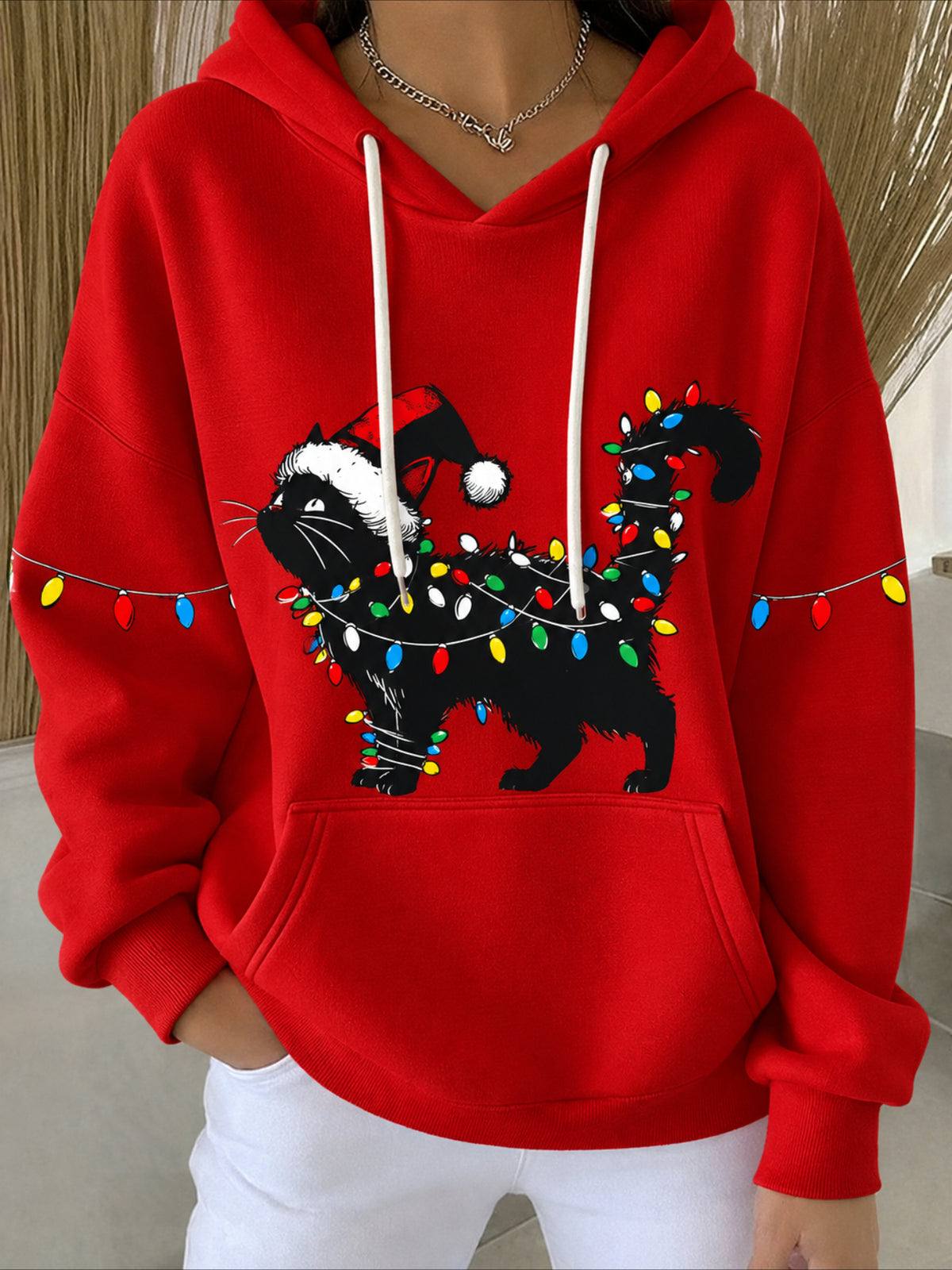 Christmas & Cat Long Sleeve Vintage Spring/Fall Hoodie