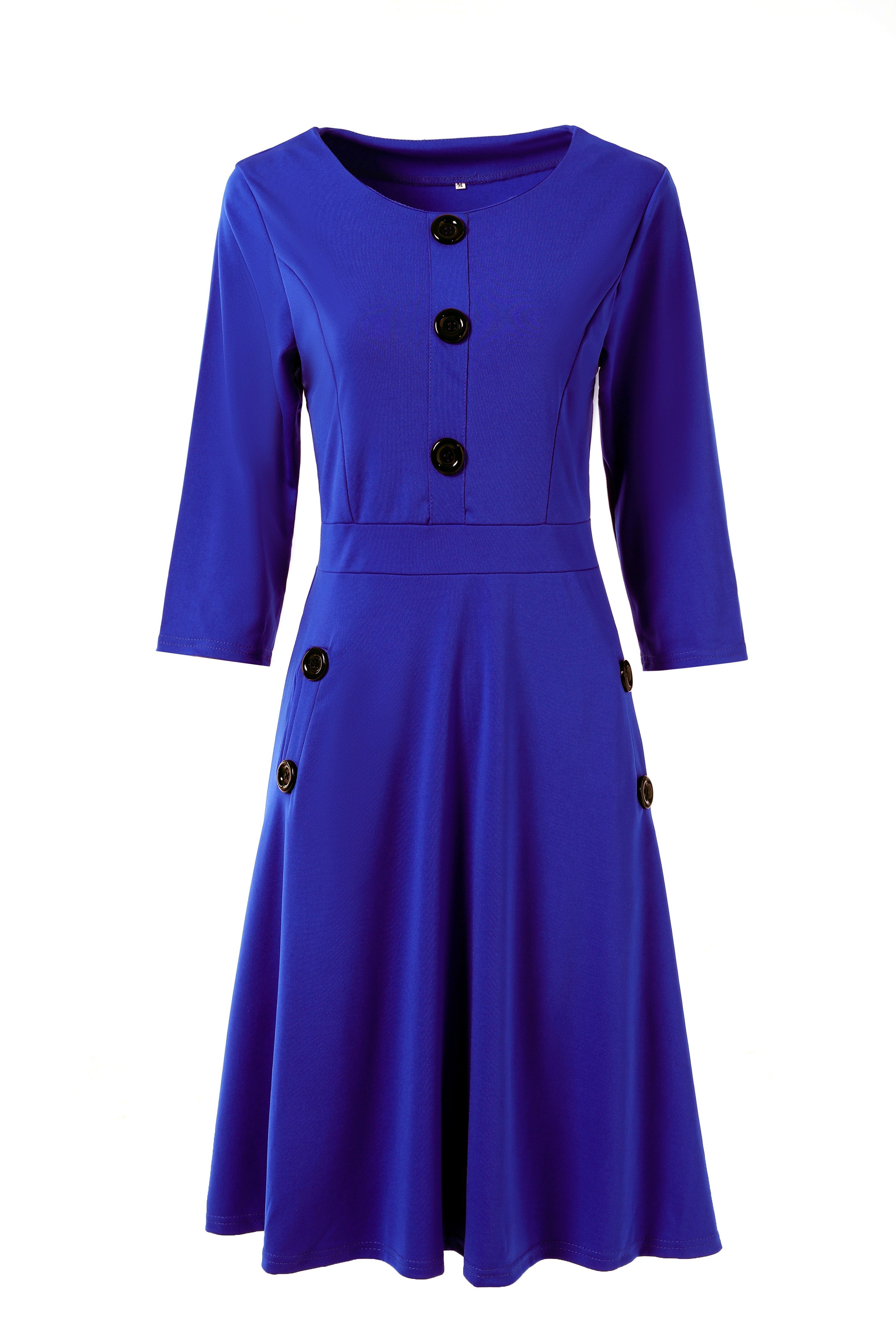 Solid Button Crew Neck Half Sleeve High Waist Dress, Elegant Ruffled Hem Slim Midi Dress