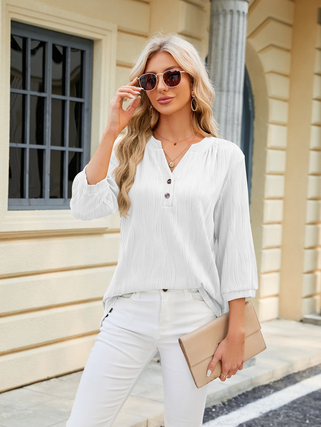 Loose Fit Work V Neck Buttons T-Shirts