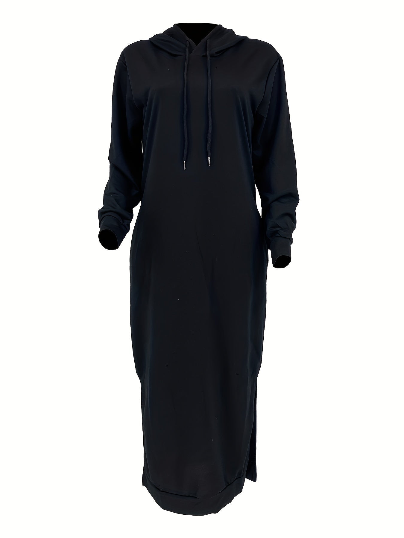 Drawstring Split Dress, Casual Hooded Long Sleeve Maxi Dress