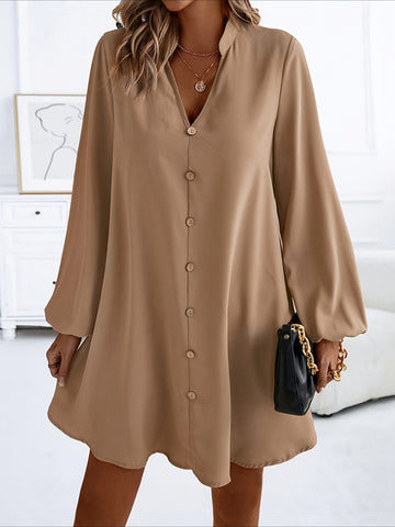 Solid Color V Neck Dress, Casual Long Sleeve Loose Fit Dress