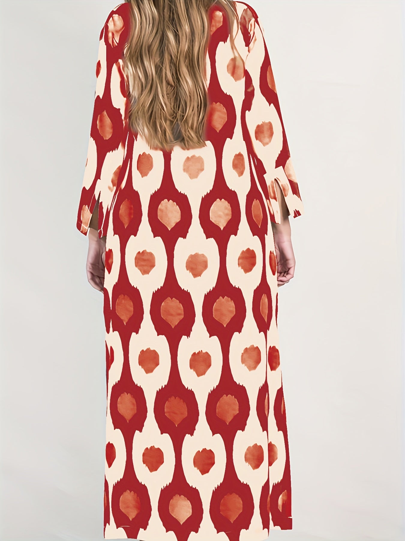 Graphic Print Split Dress, Vintage V Neck Long Sleeve Maxi Dress