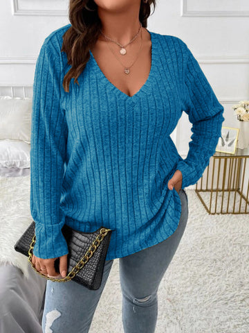 Solid Ribbed T-Shirt, Casual V Neck Long Sleeve T-Shirt