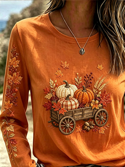 Orange Maple Leaf Printing Jersey Crew Neck Long Sleeve T-shirt