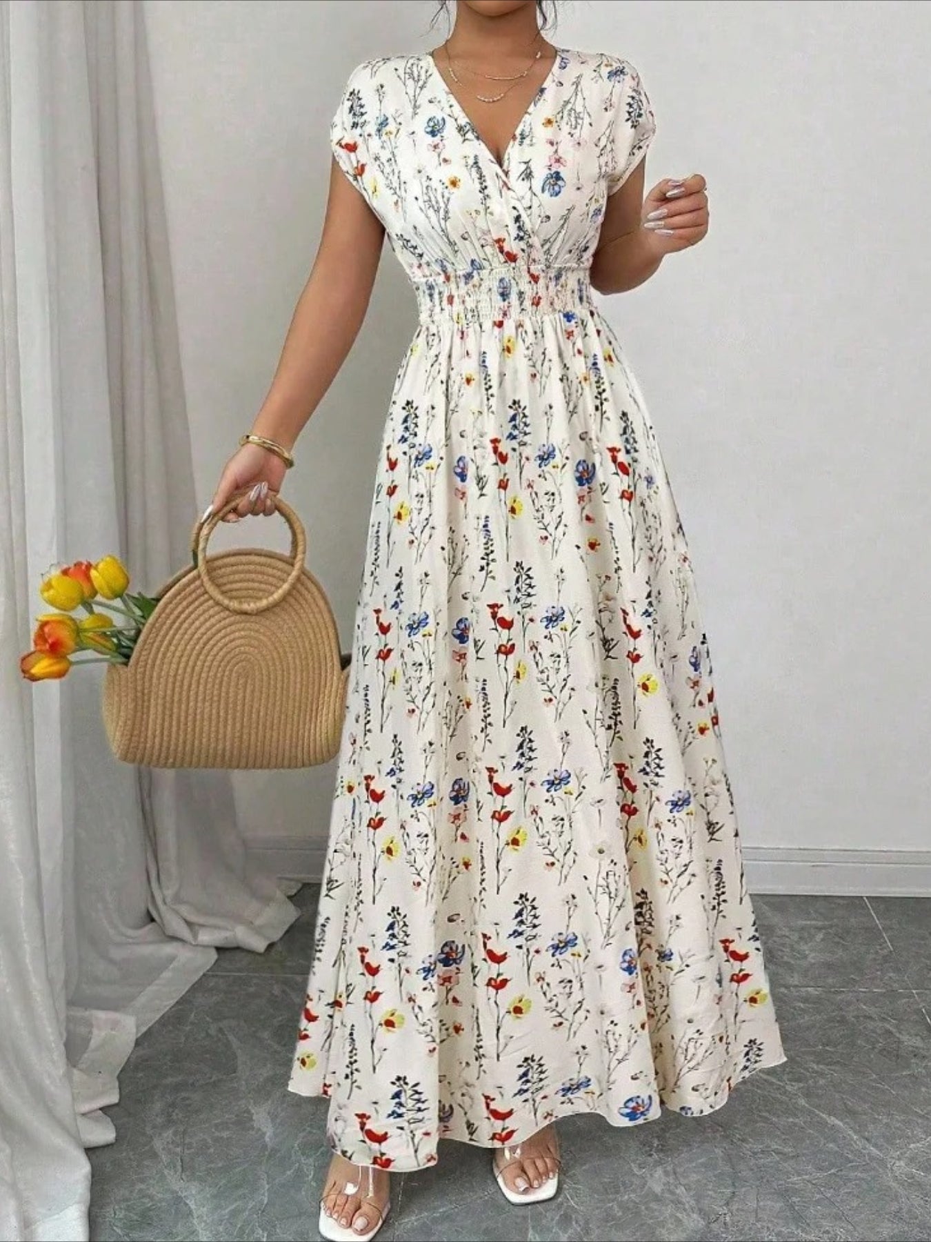 Floral Summer V Neck Short Sleeve A-Line Dress