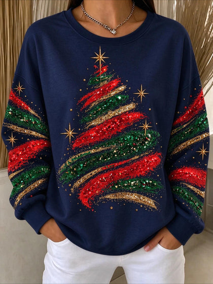 Crew Neck Long Sleeve Vintage Sparkly Christmas Tree Sweatshirt