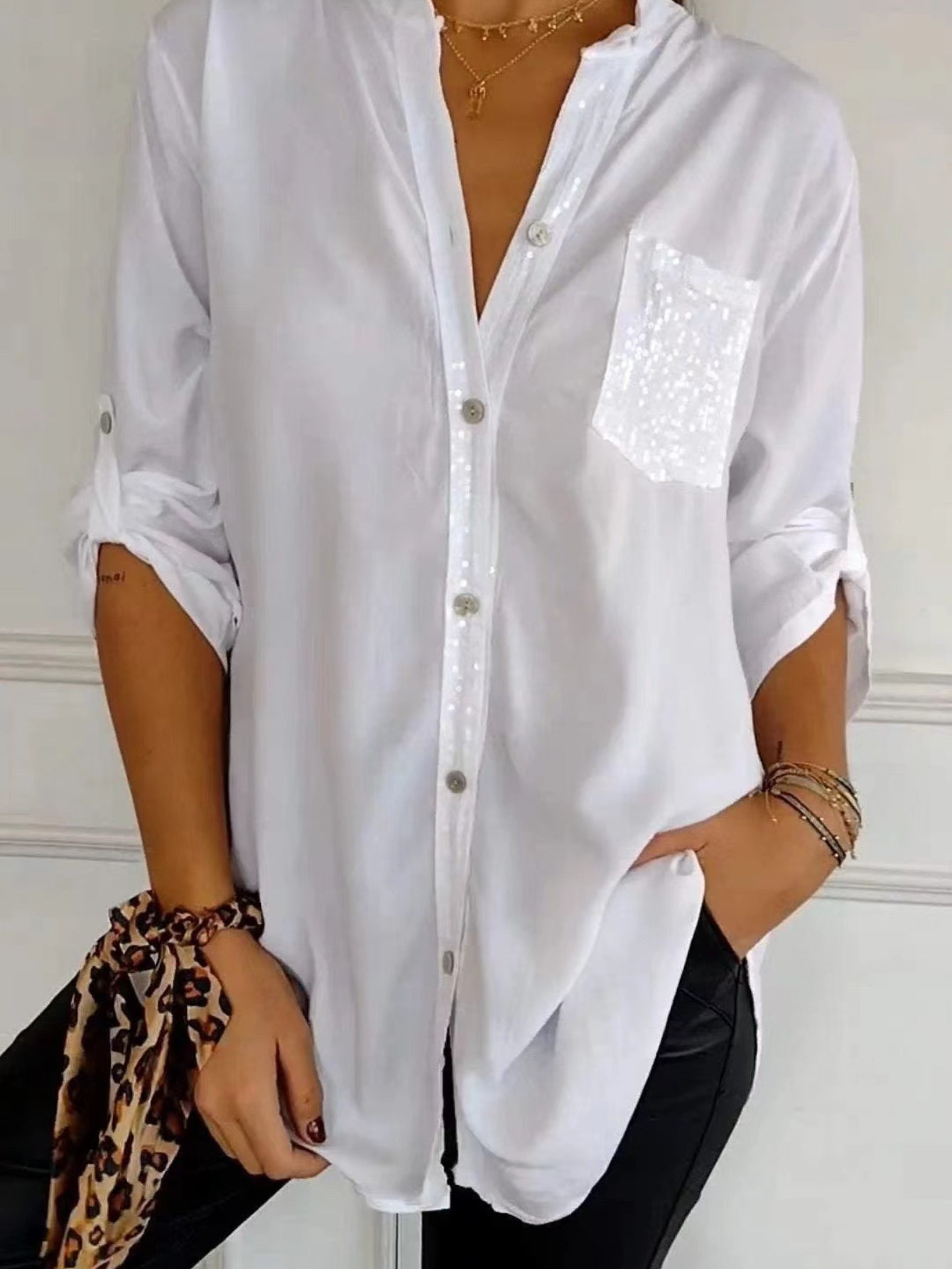 Solid Color Casual V-Neck Sequin Loose Fit Long Sleeve Blouse