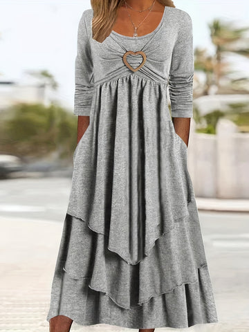 Women's Plain Long Sleeve Layered Heart Ring Decor Round Neck Maxi Dress