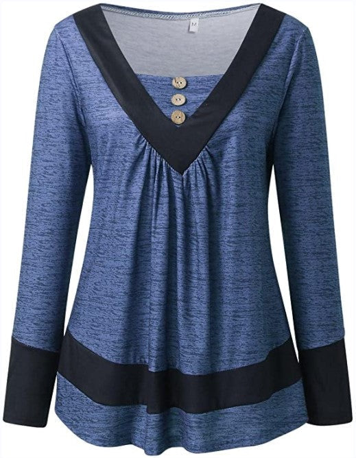 Color Block Button T-Shirt, V Neck Long Sleeve T-Shirt, Casual Every Day Tops