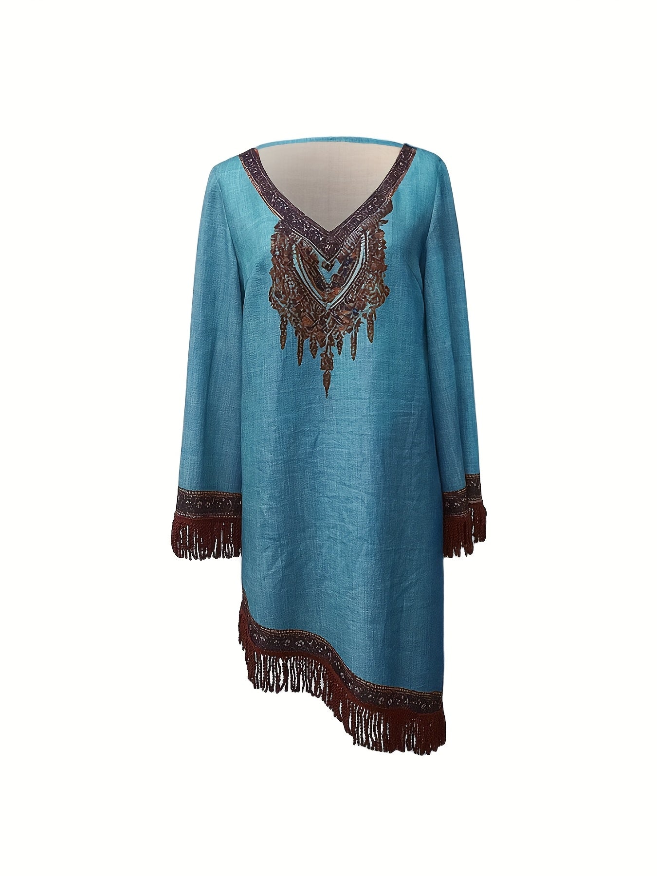 Elegant V-Neck Floral Pattern Fringe Detail and Long Sleeves Dress
