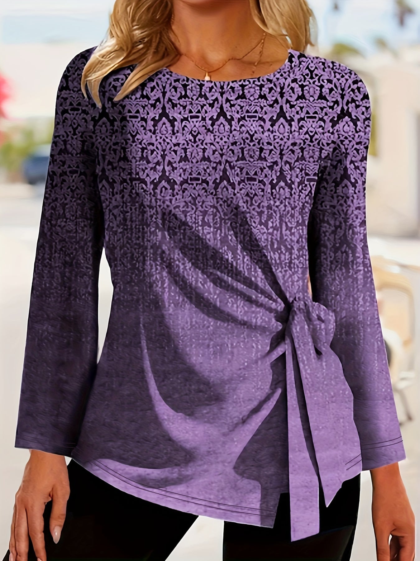 All Over Print Tie Front T-Shirt, Casual Long Sleeve Top