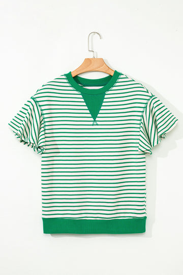 Bright Green Contrast Detail Striped Ruffle Short Sleeve Top