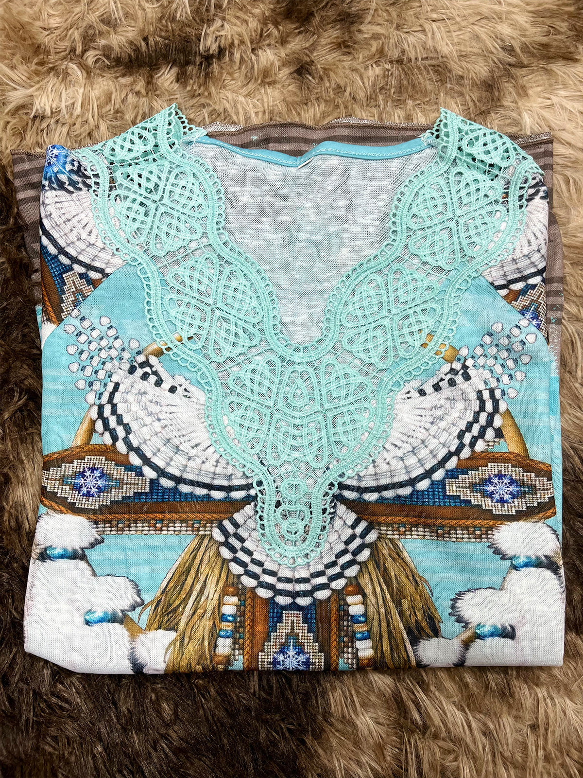 Lace Trim Flared T-shirt, Tribal Print Long Sleeve V Neck Loose T-shirt