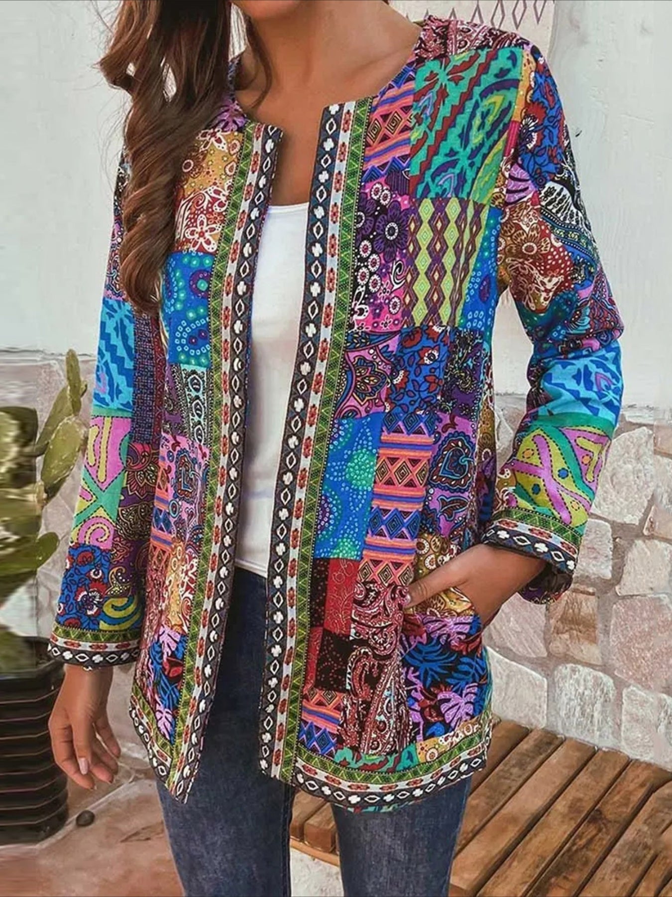 Floral Pattern Top, Elegant Open Front Long Sleeve Top