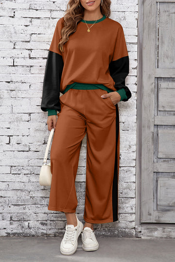 Chestnut 2pcs Color Block Pullover Loose Pant Set