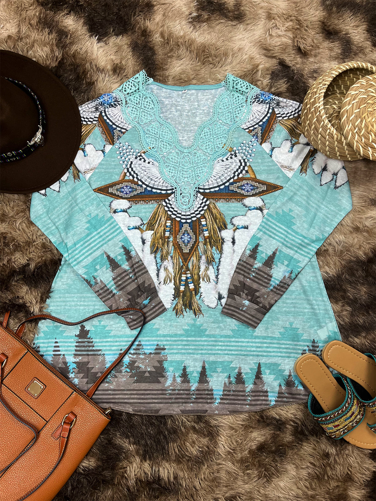 Lace Trim Flared T-shirt, Tribal Print Long Sleeve V Neck Loose T-shirt