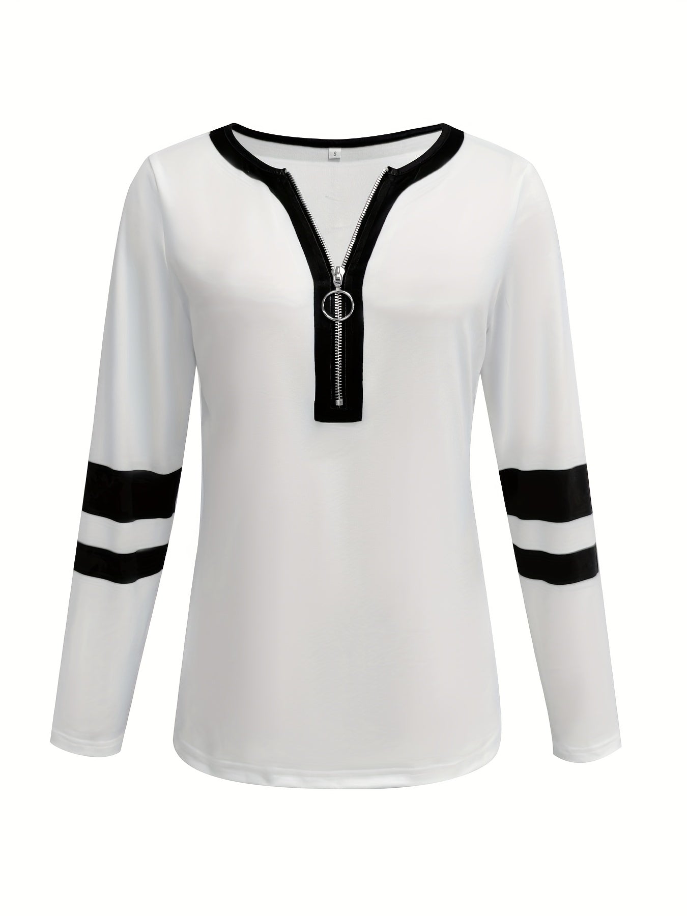 Stylish Color Block V-Neck Long Sleeve T-Shirt with Zipper Detail