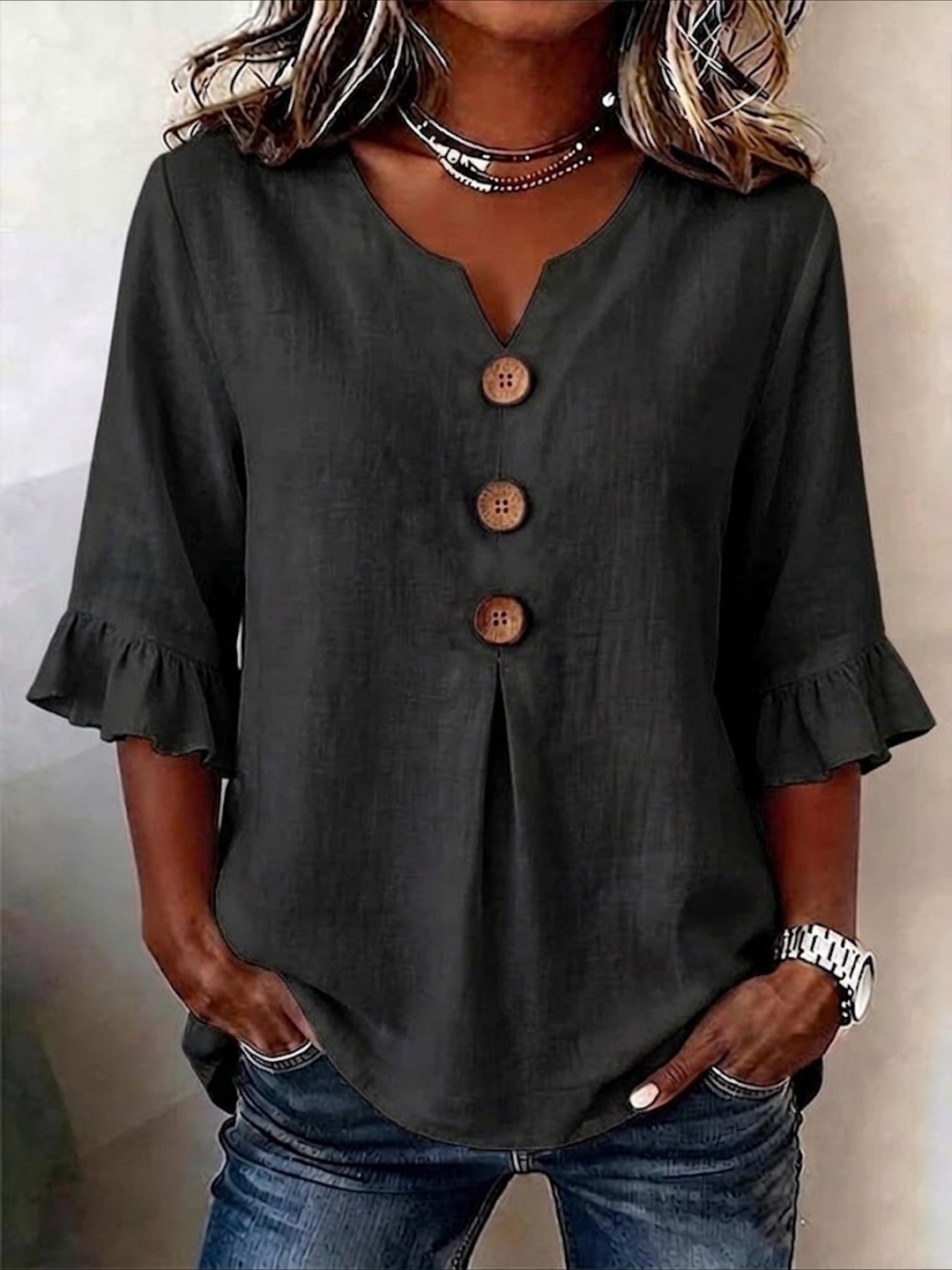 Solid Color Floral V Neck Button Short Ruffle Sleeve Casual Top
