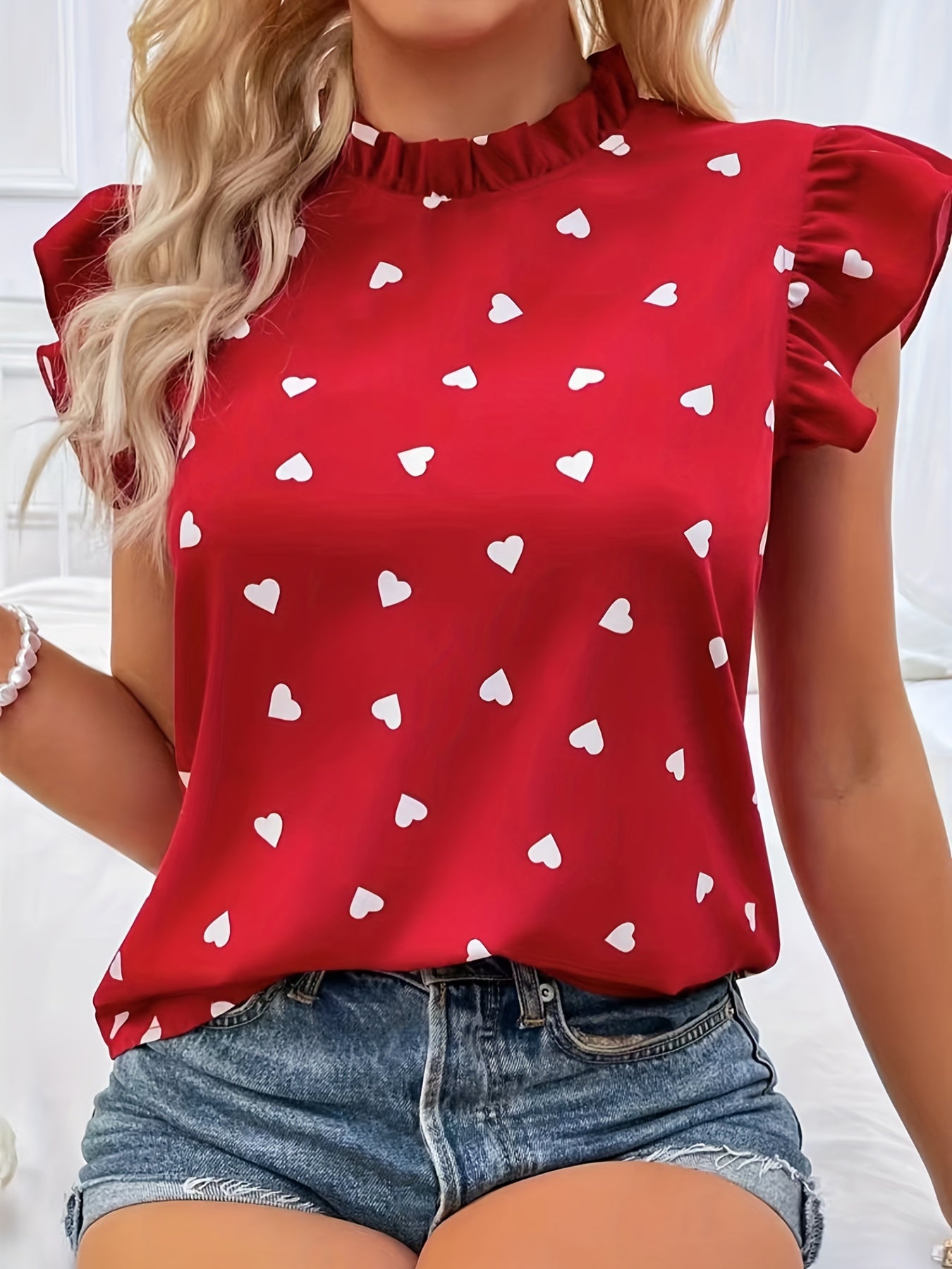 Heart Print Ruffle Trim Blouse, Casual Pleated Crew Neck Blouse