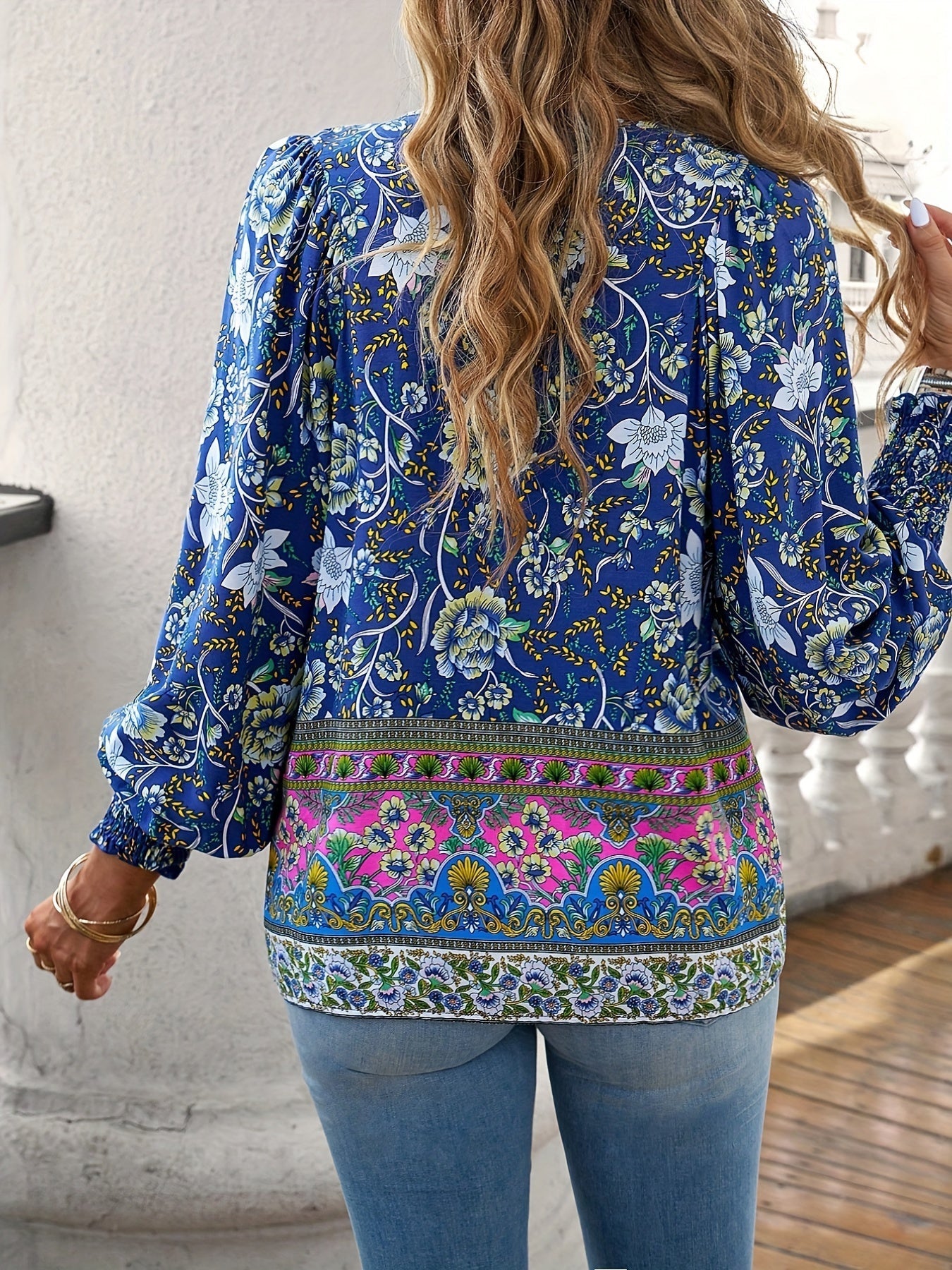 Drawstring Long Sleeve Casual Floral Print V Neck Blouse