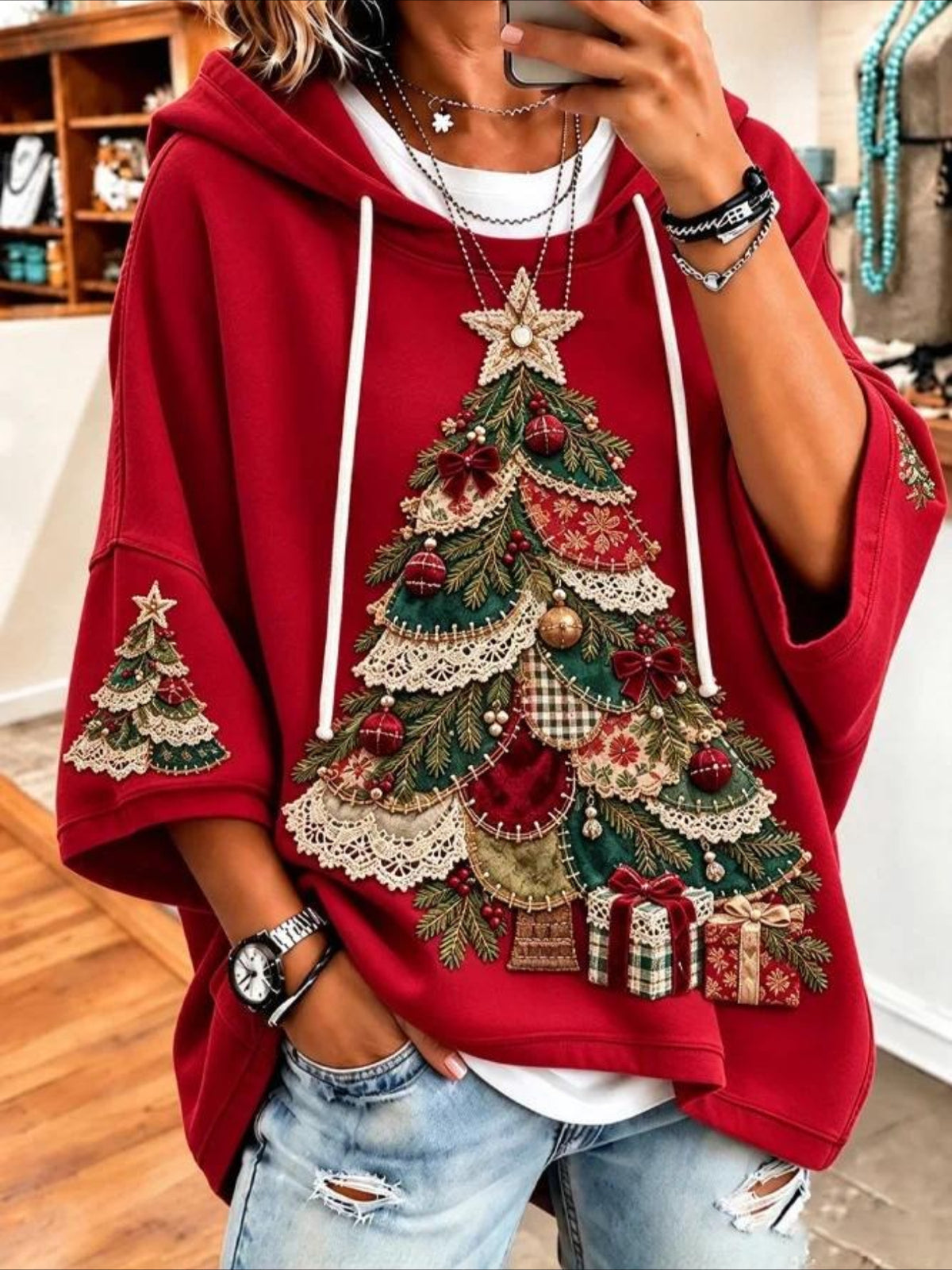 Christmas Tree Printing Half Sleeve Hoodie