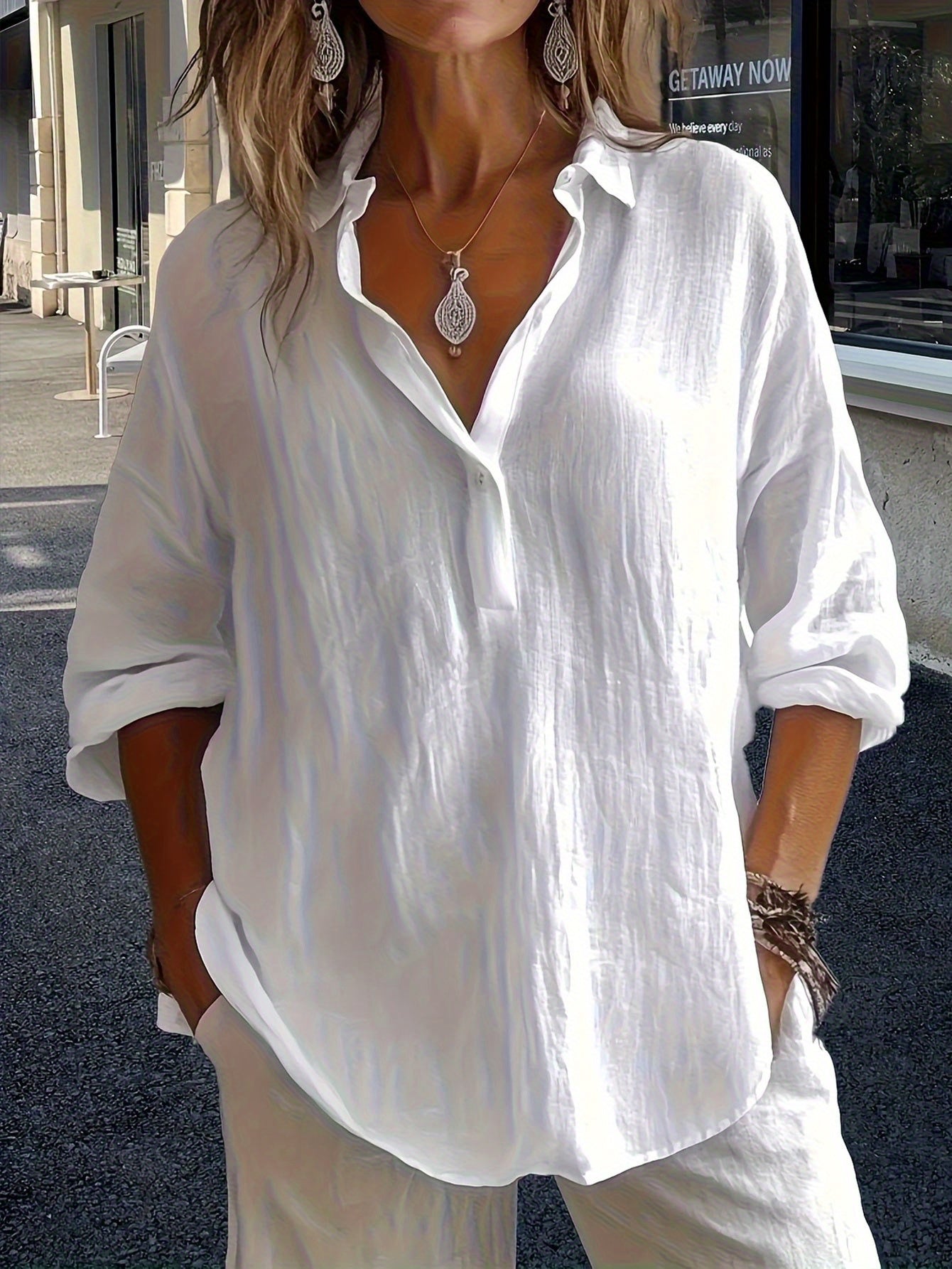 Solid Color Loose Long-Sleeved Lavender Linen V-Neck Shirt