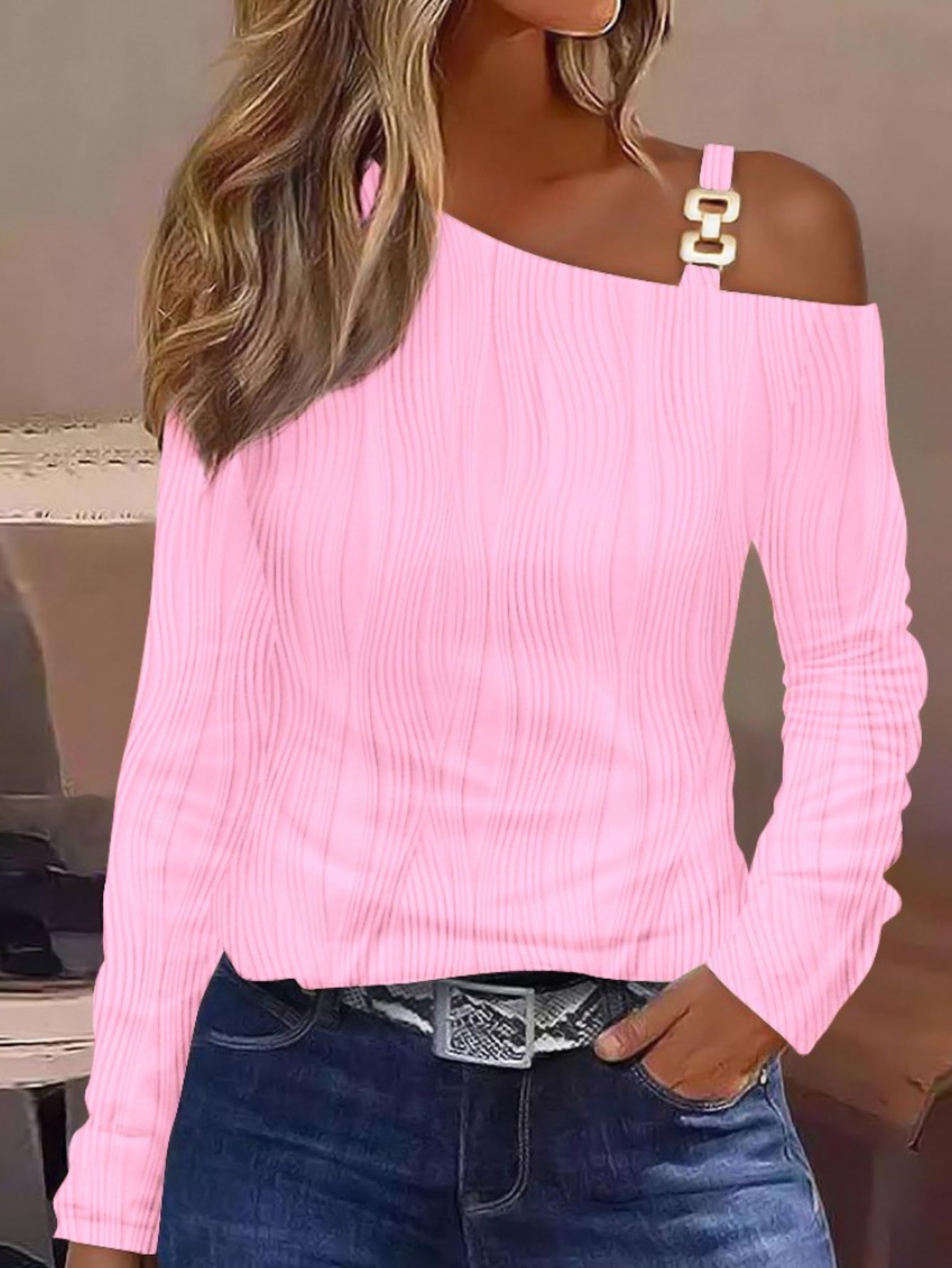 Cutout Lace Stitching Cold Shoulder T-Shirt, Casual Long Sleeve Top