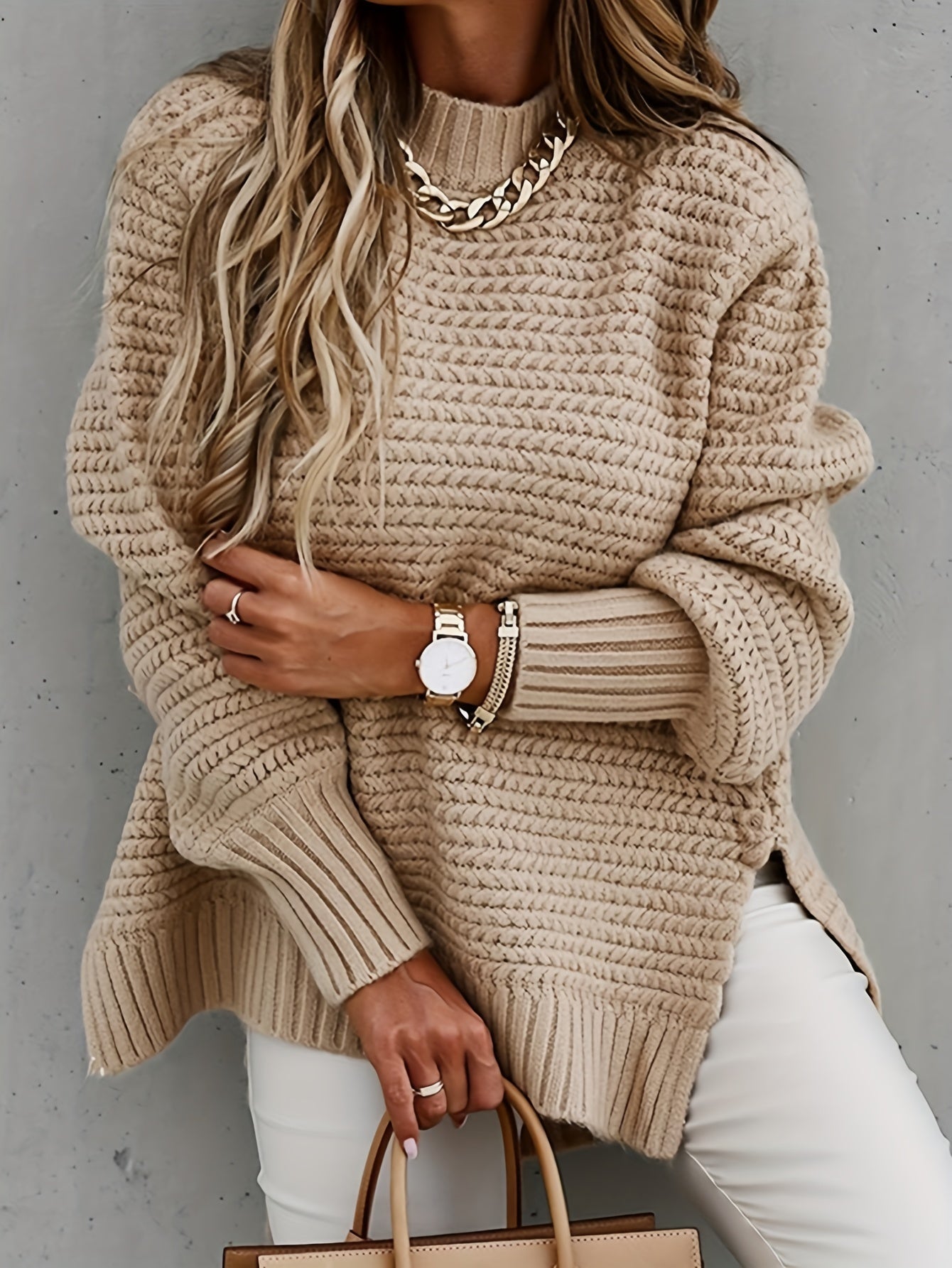 Low High Hem Mock Neck Sweater, Elegant Long Sleeve Sweater