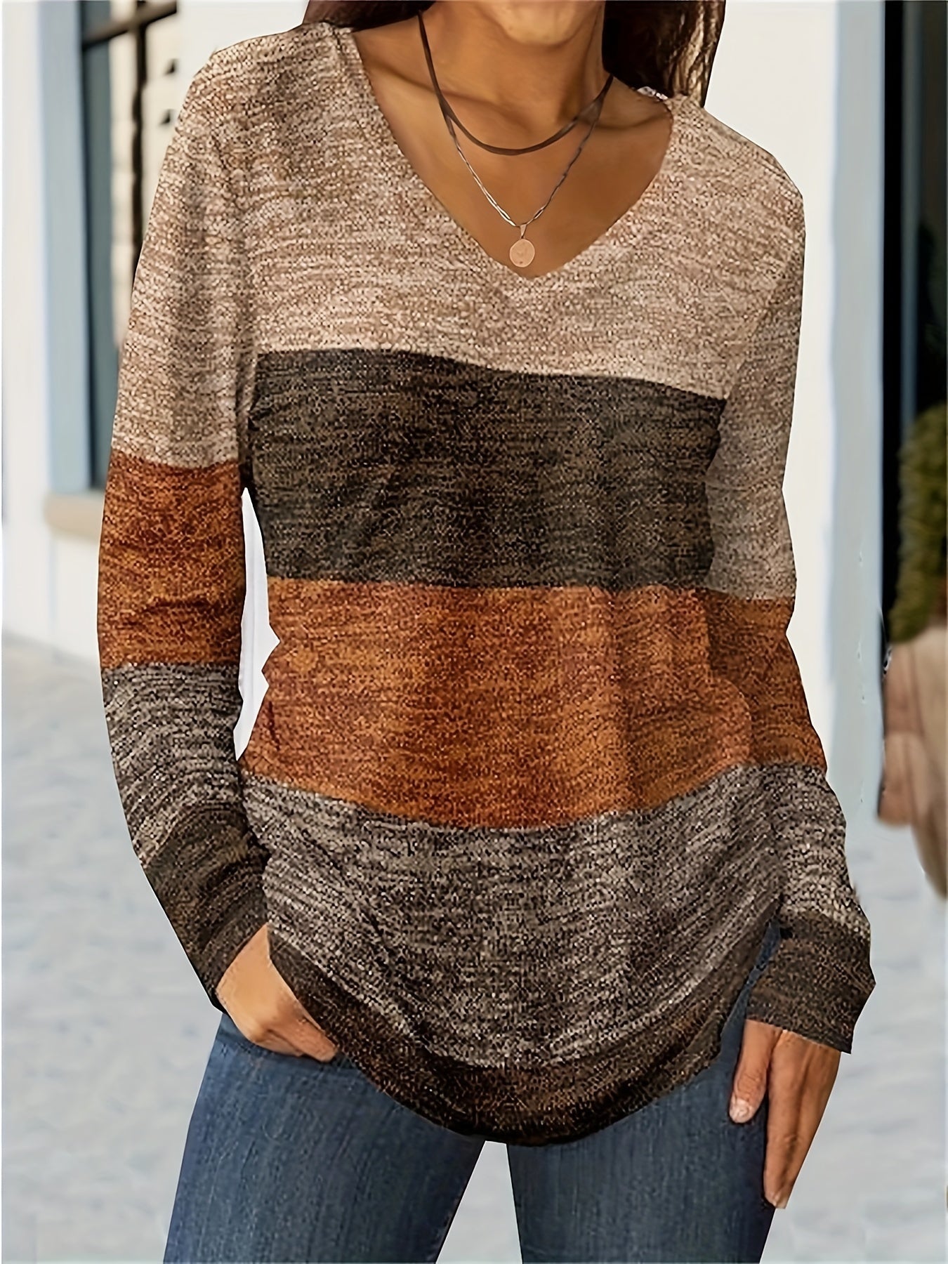 Color Block V Neck T-Shirt, Casual Long Sleeve Top