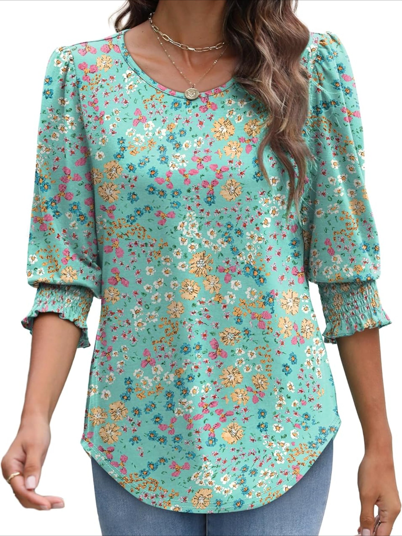 Casual 3/4 Length Sleeve Blouses with Smocked Cuffs