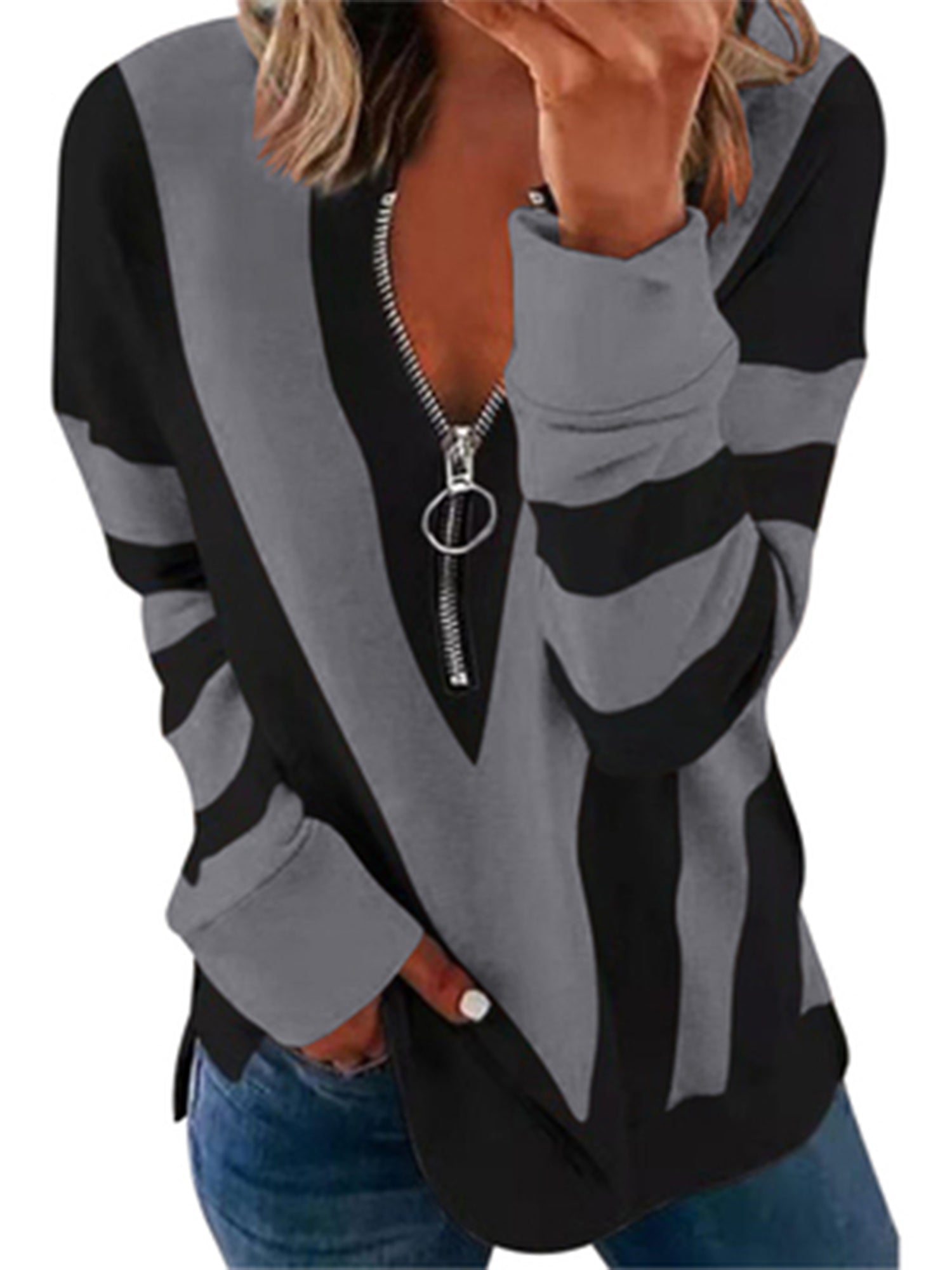 Women's T-shirt Colorblock Long Sleeves Zipper Loose T-Shirt