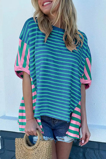 Blue Stripe Colorblock Patchwork Baggy T Shirt