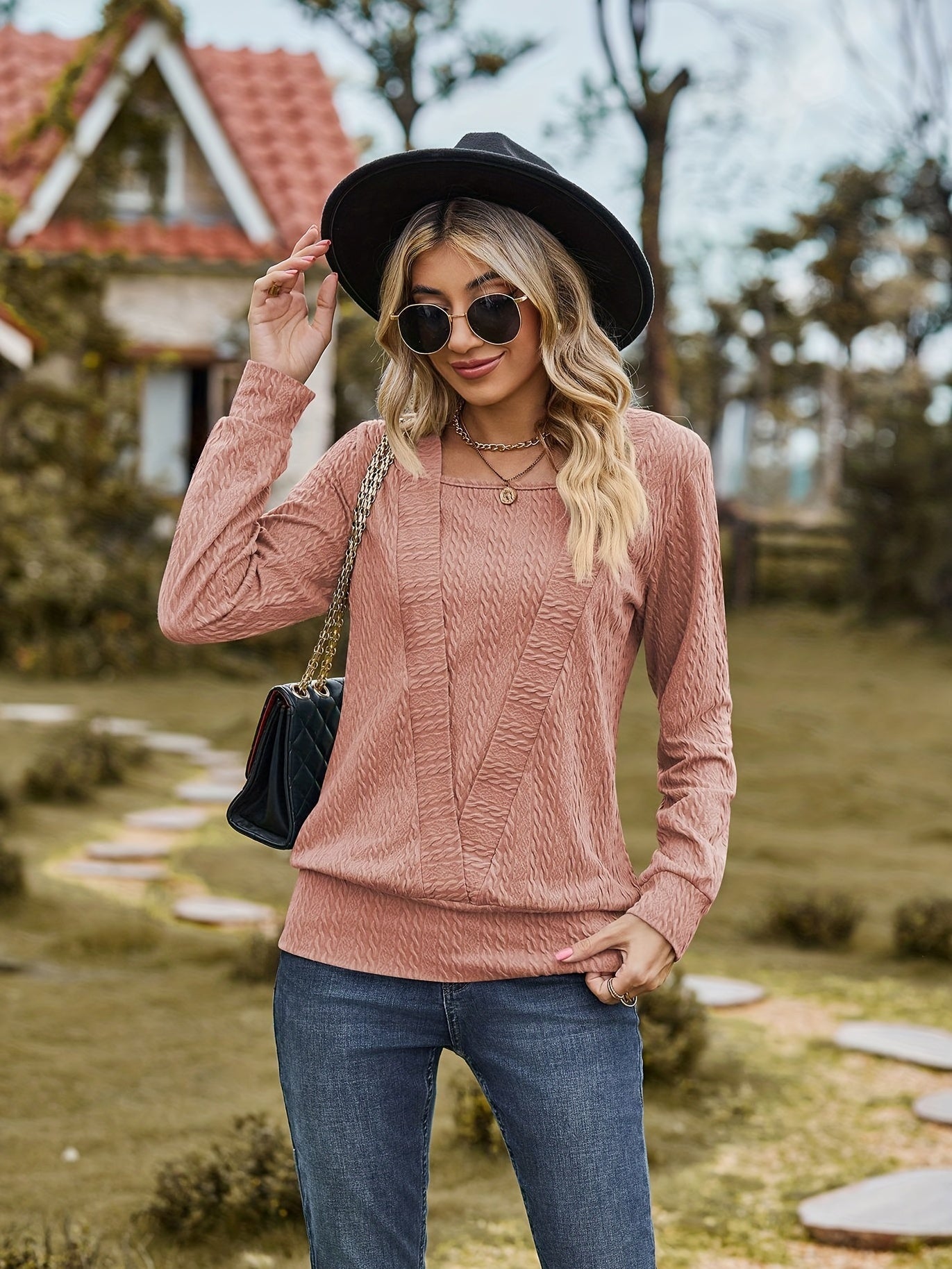 Women's Solid Cable Faux Twinset Long Sleeve Square Neck Slight Stretch T-shirt