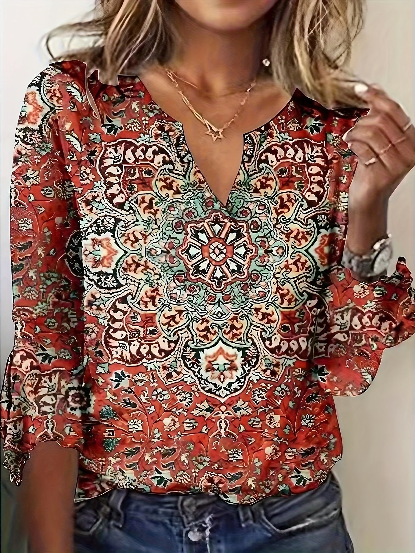 Ethnic Floral Print T-shirt, Vintage Notched Neck Long Sleeve T-shirt