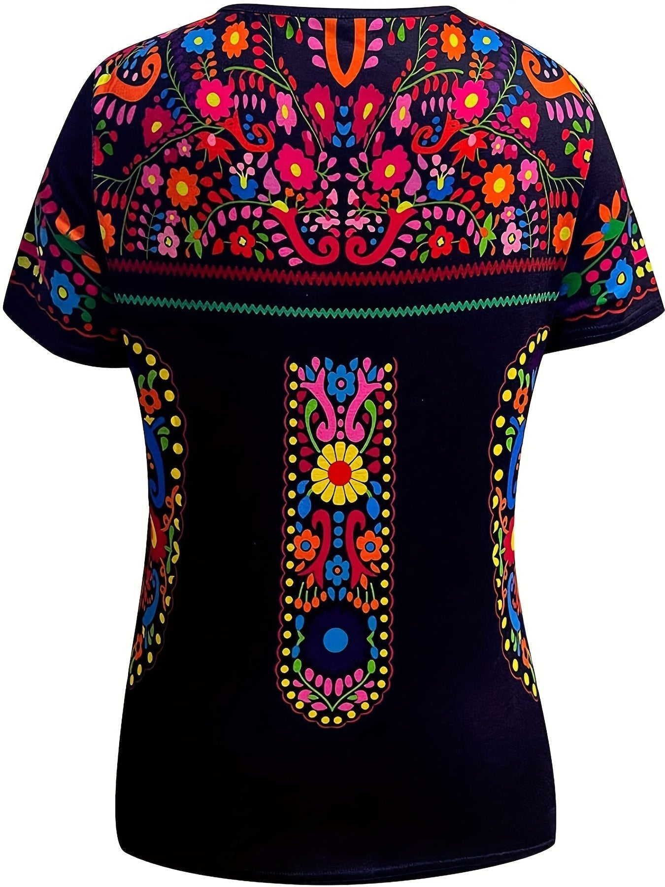 Floral Print Ethnic T-shirt, Boho Crew Neck Short Sleeve Summer T-shirt
