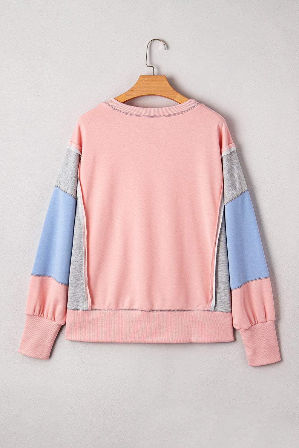 Apricot Pink Exposed Seam Color Block Patchwork Slit Cuffs Oversize Sweatshirt