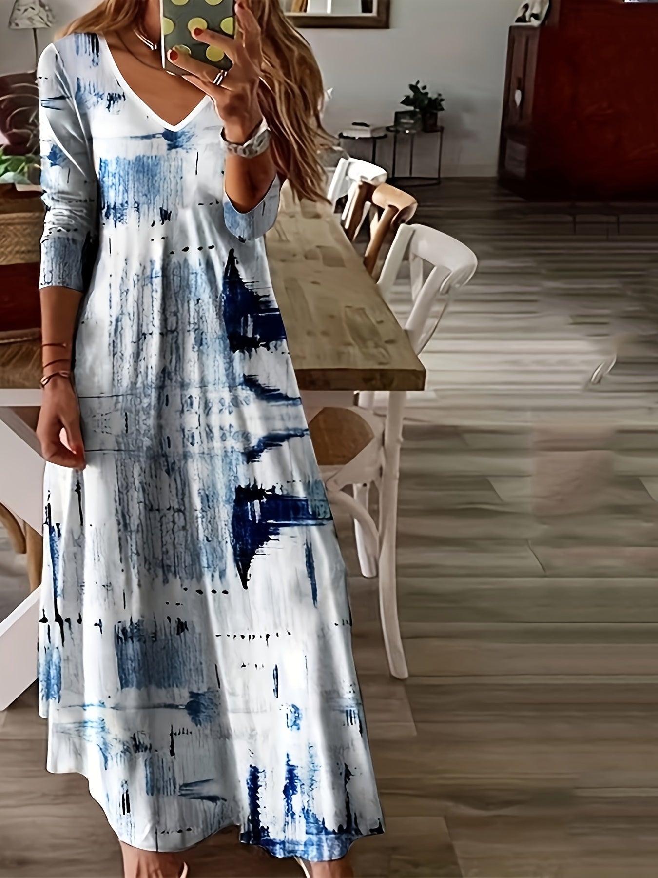Abstract Print Dress, Casual V Neck Long Sleeve Maxi Dress