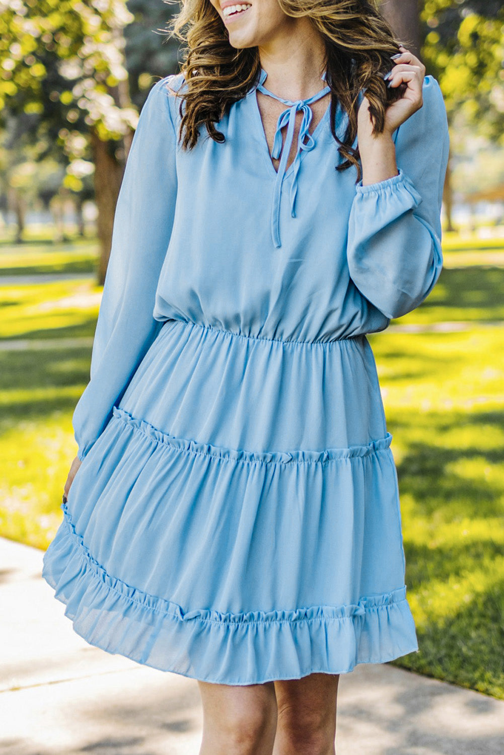 Light Blue V Neck Long Sleeve Ruffle Tiered Mini Dress